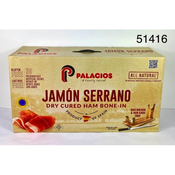 JAMON SERRANO CON BASE Y CUCHILLO REGALO. 1/17LB